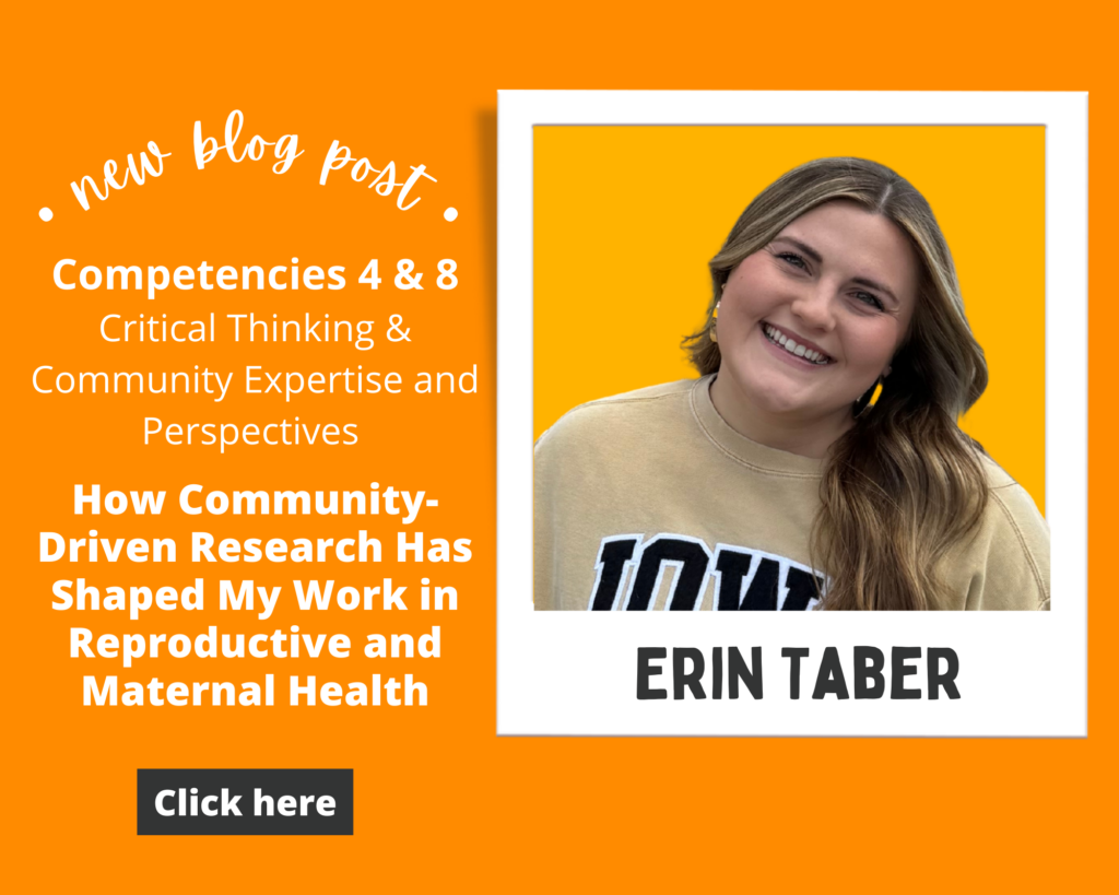 Blog Post Title page for Erin Taber (orange background, white letters, Erin's headshot)